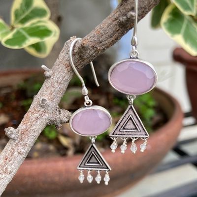 92.5 silver dangler earrings with light pink stone.