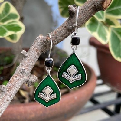 92.5 silver dangler earrings with semiprecious stone and enamel work.