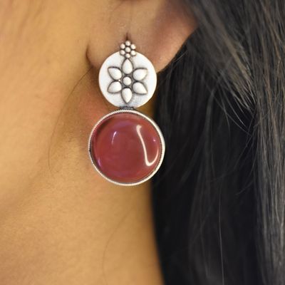 92.5 silver dangler earrings with pink stone.