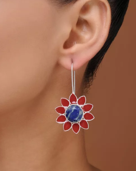 Red Blue 925 silver long Dangler Earring