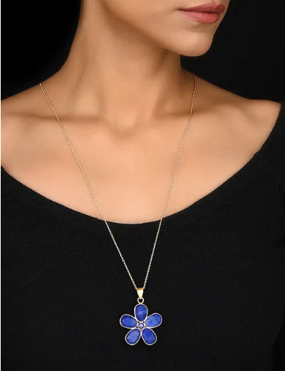 Beautiful Light Weight Flower Pendant in Navy With Long Chain