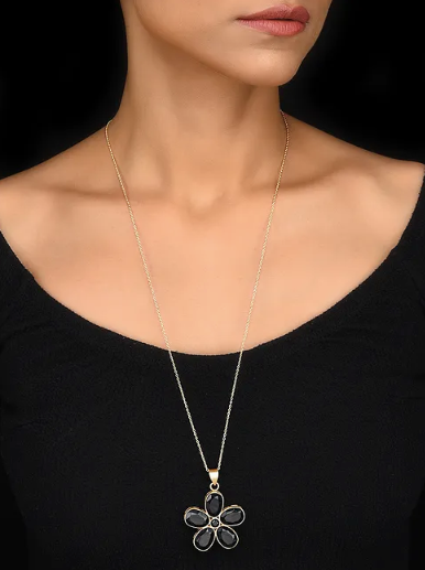 Beautiful Light Weight Flower Pendant in Jet Black Stone With Long Chain