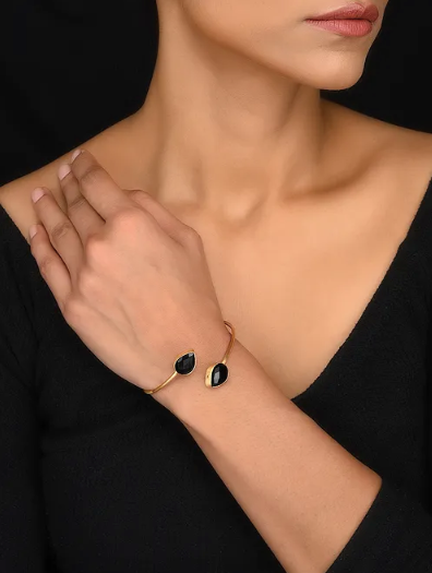 Gold Toned Sterling Silver Open Cuff Bracelet With Black Onyx Stone