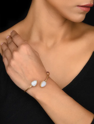 Gold Toned Sterling Silver Open Cuff Bracelet With White Moon Stone