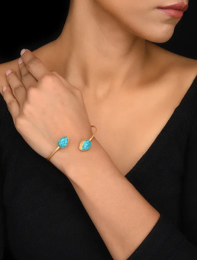 Gold Toned Sterling Silver Turquoise Open Cuff Bracelet
