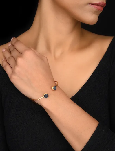 Gold Toned Sterling Silver Open Cuff Bracelet With Natural Druzy