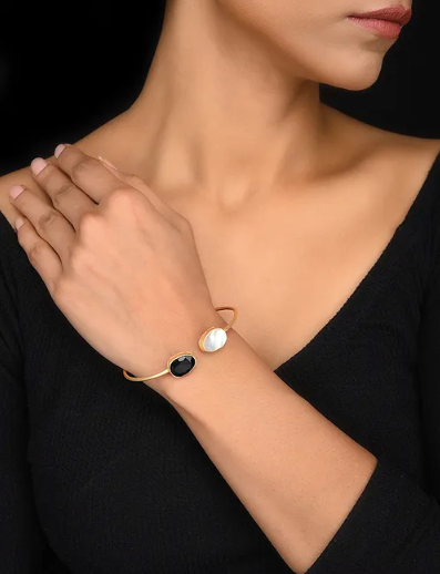Silver Gold Toned Dual Stone Open Cuff Bracelet