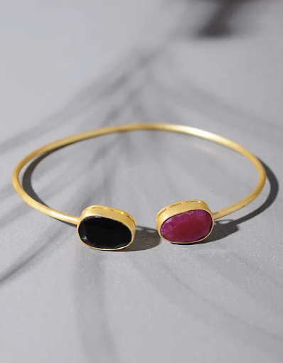 Silver Gold Toned Dual Stone Open Cuff Bracelet