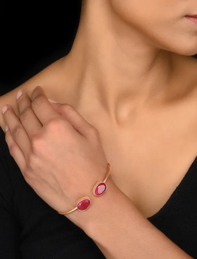 Silver Gold Toned Dual Stone Open Cuff Bracelet