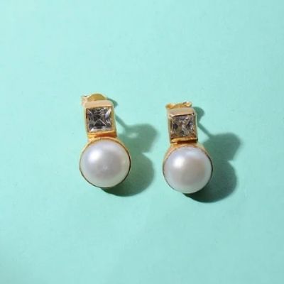 925 Silver Small Pearl Stud With CZ On Top