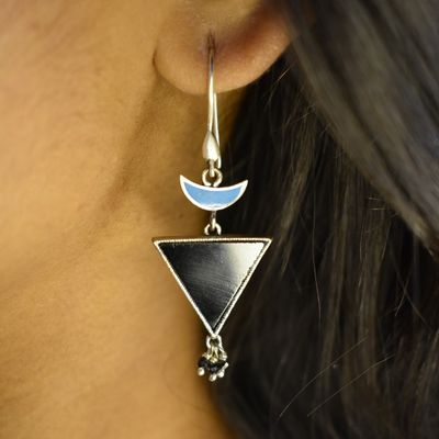 92.5 silver dangler earrings with semiprecious stone and enamel work.