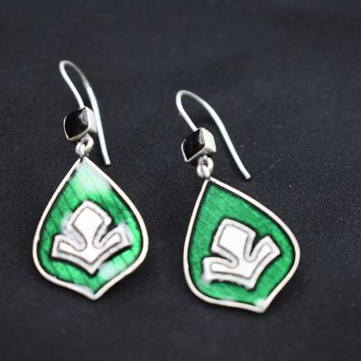 92.5 silver dangler earrings with semiprecious stone and enamel work.