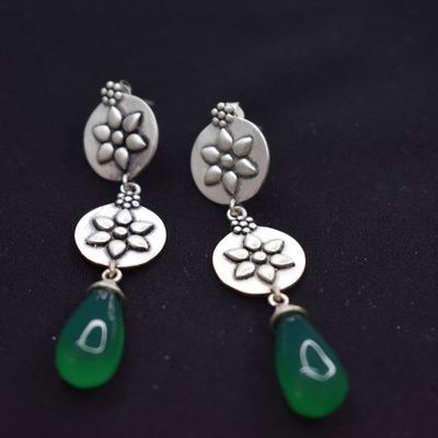92.5 silver dangler earring with green drop stone.