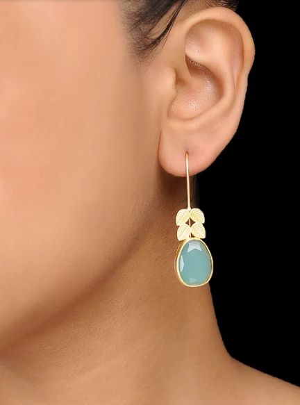 925 Silver Long Aqua Leaf Earring With Long Hook!