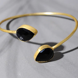 Gold Toned Sterling Silver Open Cuff Bracelet With Black Onyx Stone