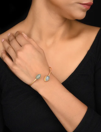 Gold Toned Sterling Silver Open Cuff Bracelet With Labradorite Stone