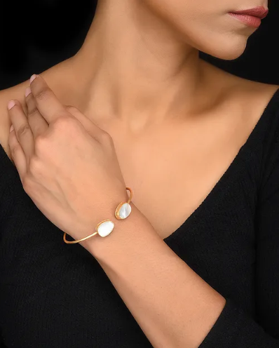 Silver Gold Toned Dual Stone Open Cuff Bracelet