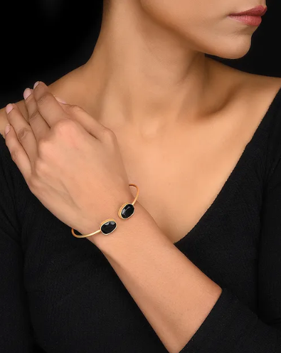 Silver Gold Toned Dual Stone Open Cuff Bracelet