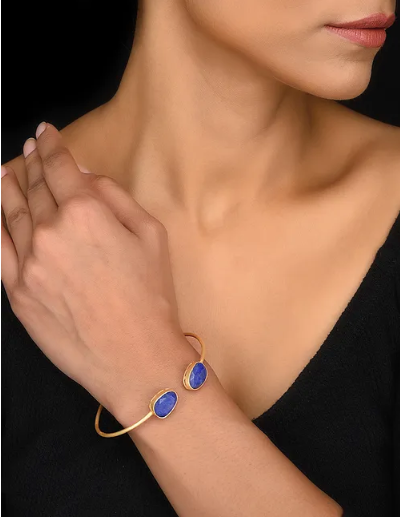 Silver Gold Toned Dual Stone Open Cuff Bracelet